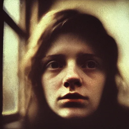 Image similar to portrait bust of young woman, tired expression, faded color film, russian cinema, tarkovsky, kodachrome, inside old cabin, next to window, heavy forest outside, long brown hair, old clothing, heavy fog, brown color palette, hudson river school, 4 k, dramatic lighting, greg rutkowski