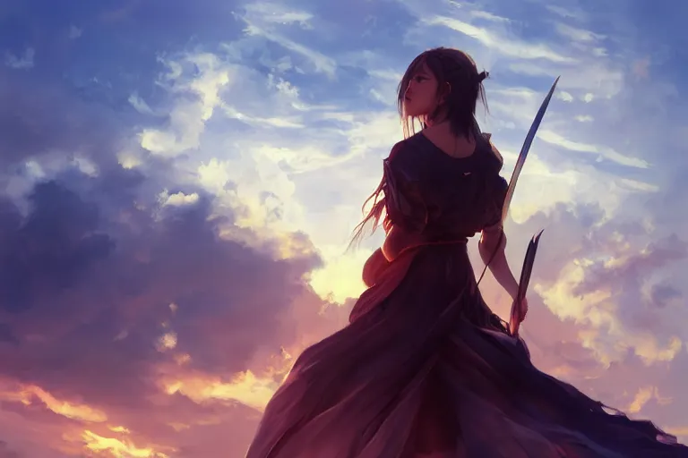 Image similar to back shot of one single beautiful girl, holding two swords, digital art by wlop. artstation contest winner, cinematic paint. lower shot. dramatic cloud in background. sunset