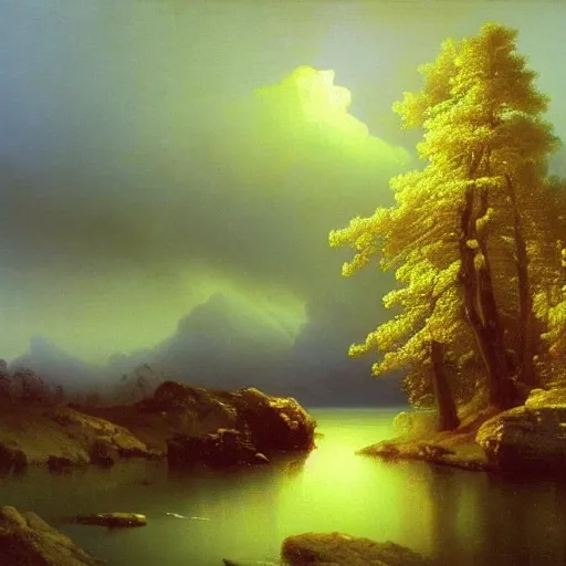 Image similar to aivazovsky's painting. forest landscape. oil on canvas, a masterpiece in the style of aivazovsky.