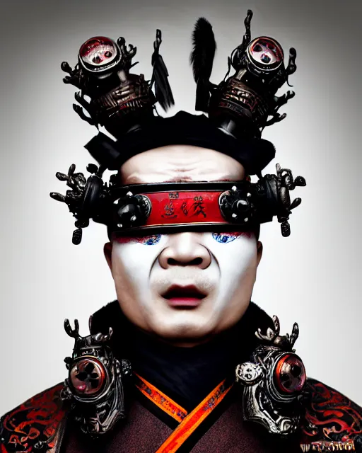 Image similar to photo of a Dramatic angry Peking Opera male character with painted face wearing MadMax style steampunk goggles and accessories in the style of stefan kostic, realistic, sharp focus, symmetric, 8k high definition, insanely detailed, intricate, elegant, art by stanley lau and artgerm, William-Adolphe Bouguereau