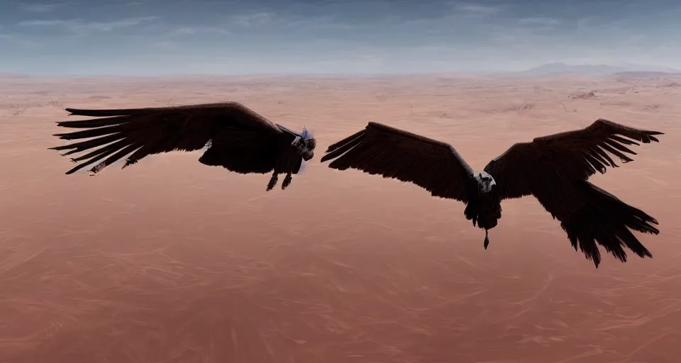 Image similar to artwork of a vulture flying over a desert, artstation