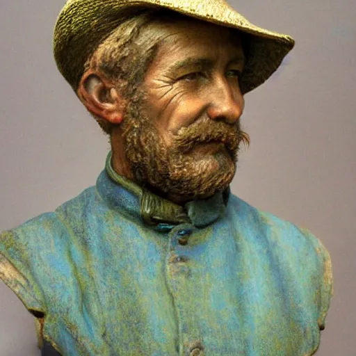Prompt: hyper realistic closeup bust of a new england fisherman, painted, colorized, bossons vintage chalkware, by emile renouf