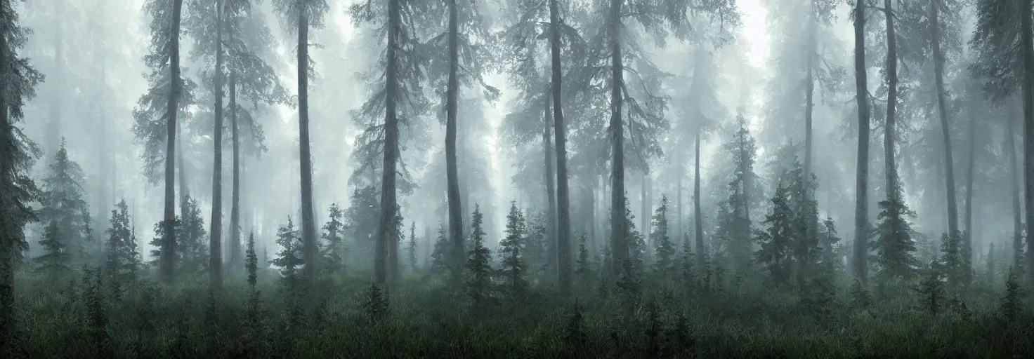 Image similar to A forest shot by high angle with big trees and fog by paul chadeisson, cinematic lighting, extremely detailed, ultra realistic, trending on artstation, 8K