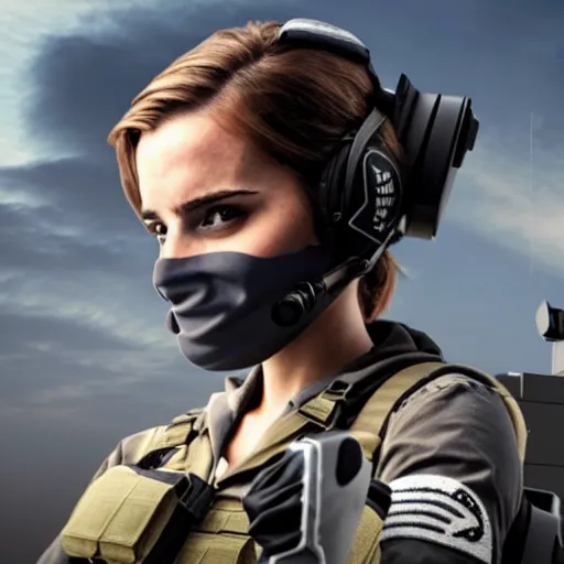 Image similar to Emma Watson a dressed as Counter-Terrorist in CSGO ,hyperrealistic, 8k UHD, studio photography, high quality, high detail, stunning lighting