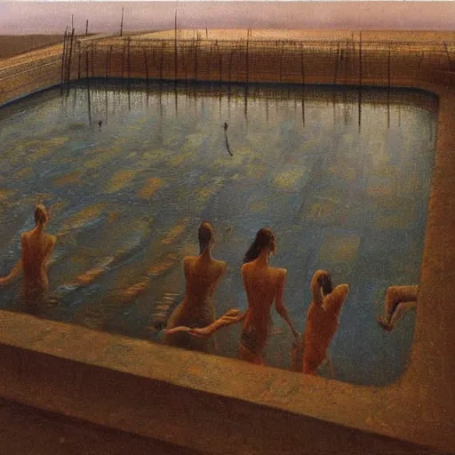 Prompt: painting of a scifi ancient civilzation victorian swimming pool, beksinski