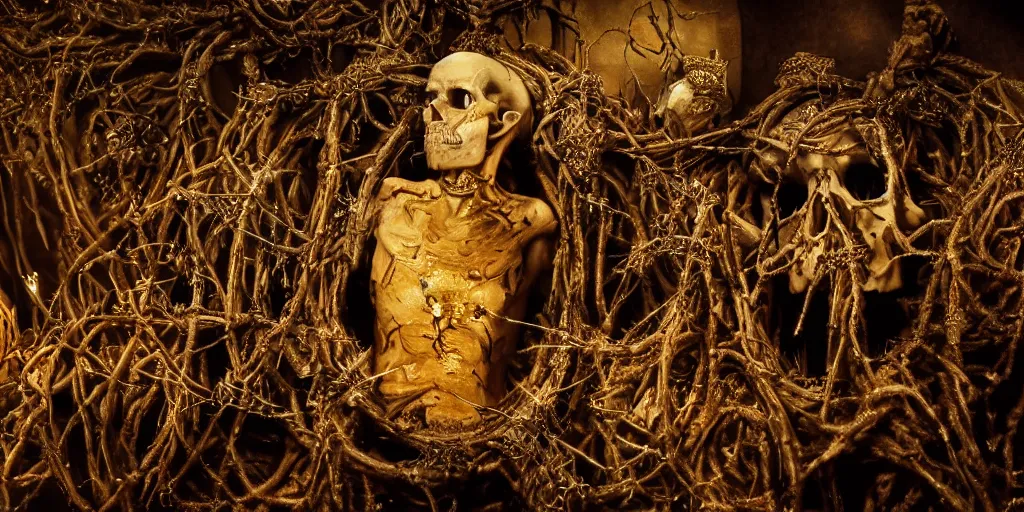 Image similar to a highly detailed realistic photographic render of corpses worshipping a skull statue with crown of thorns made of gold in the style of billelis, billelis , creepy, cinematic lighting, cinematic scene, Volumetric lighting, Atmospheric scene, Dark, Horror, Atmospheric lighting, Global illumination, realistic, photo realism, hyper realistic, hyper realism, photo realisitc, cinematic render, film, beautifully lit, ray traced, octane 3D render, octane render, unreal engine