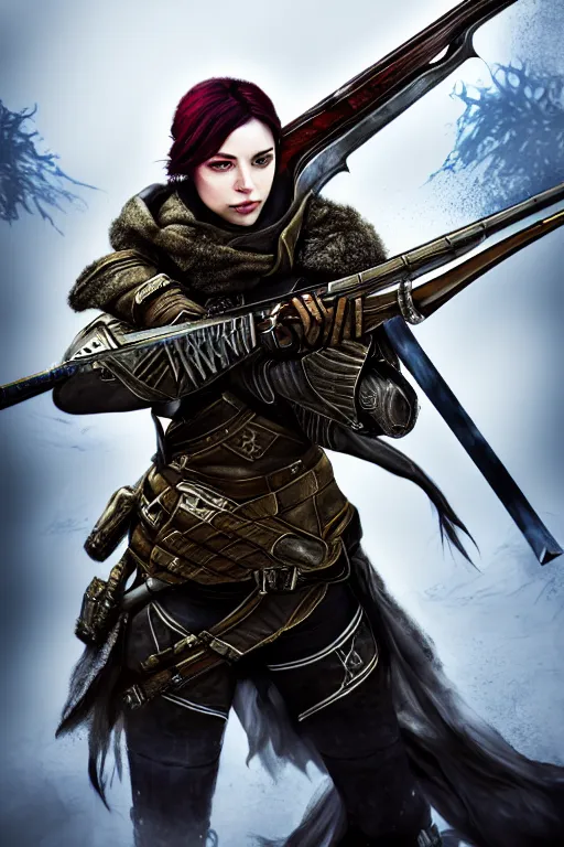 Prompt: Eir Stegalkin holding a rifle of Guild Wars 2, digital art, hyper-realistic, highly detailed