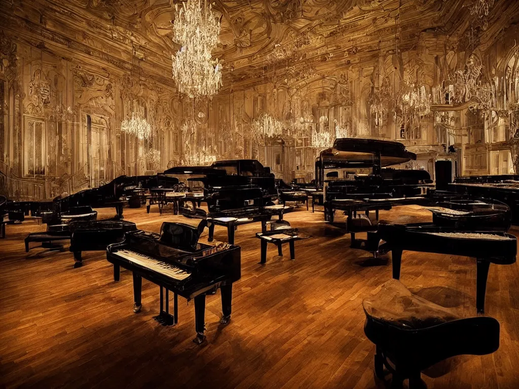 Image similar to “ grand piano encased in spiderwebs that stretch up to the ceiling in an opulent empty concert hall, photorealism, cinematic lighting, dramatic, melancholy, atmospheric ”