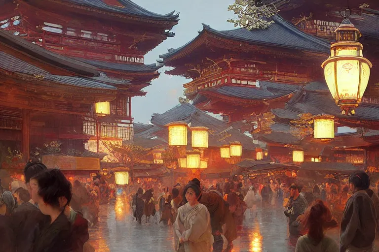 Image similar to a beautiful realistic painting of the lantern festival in old kyoto, intricate, elegant, highly detailed, digital painting, artstation, concept art, by krenz cushart and artem demura and alphonse mucha