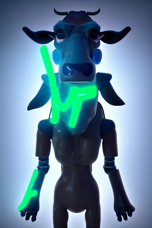 Image similar to high quality 3 d render sci - fi very cute cyborg cow shaggy! hybrid! drinking beer, highly detailed, unreal engine cinematic smooth, in the style of blade runner & detective pikachu, hannah yata charlie immer, dark blue neon light, low angle, uhd 8 k, sharp focus