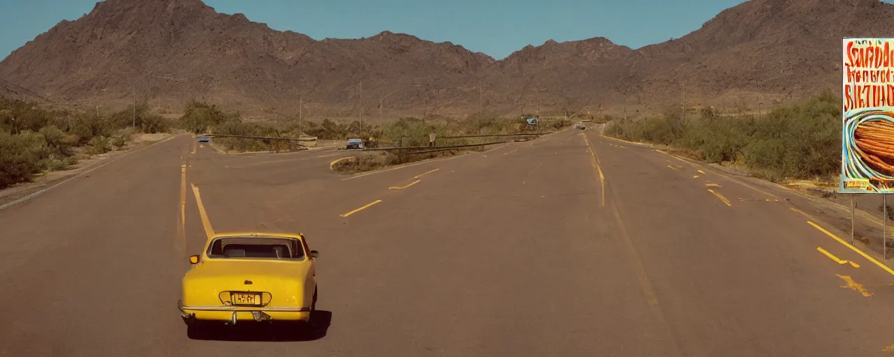 Image similar to highway advertisements promoting spaghetti, highway 5 0, arizona, sunset, canon 2 0 mm, shallow depth of field, kodachrome, in the style of wes anderson