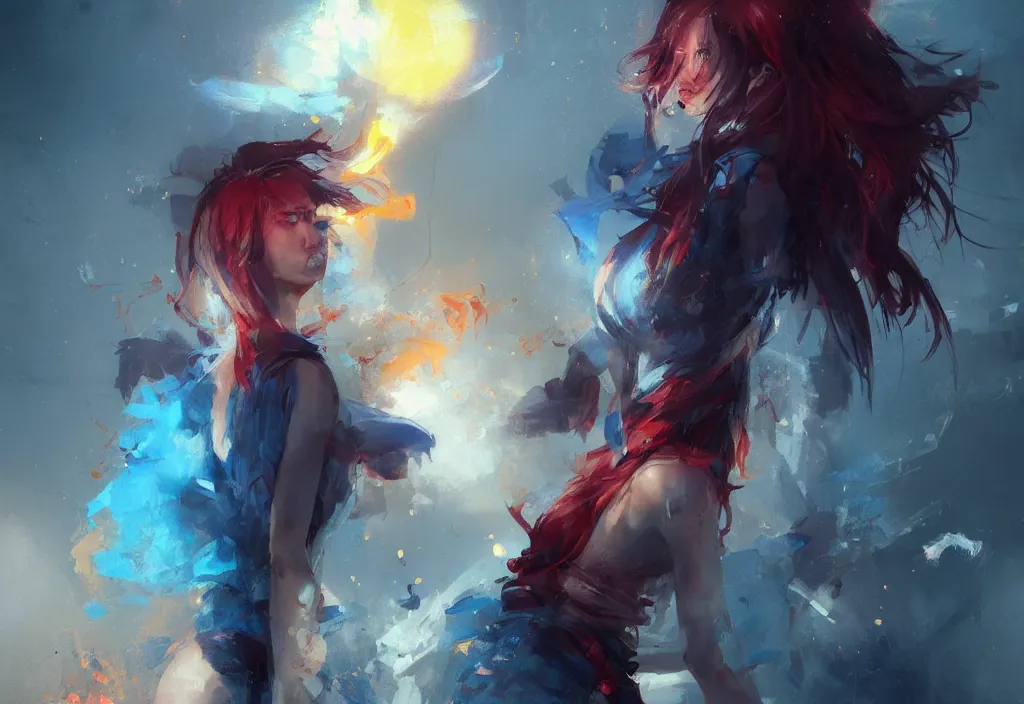 Image similar to full body portrait of a duo of 2 0 years old girl figures, messy hair, oriental tattoos, wearing dark tailored suits, beautiful, dramatic, cinematic lighting, phtalo blue, lemon, fire red, few vivid highlights, by greg rutkowski and jeremy mann and guweiz, oil on canvas, artstation, pixiv