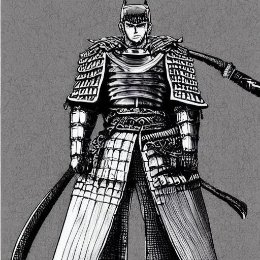 Prompt: Henry Cavill as a samurai in the style of Berserk, by Kentaro Miura