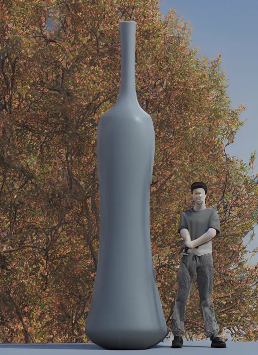 Image similar to a sculpture of a man standing next to a tall vase, a raytraced image by Hikari Shimoda, polycount, video art, vray tracing, ray tracing, rendered in unreal engine