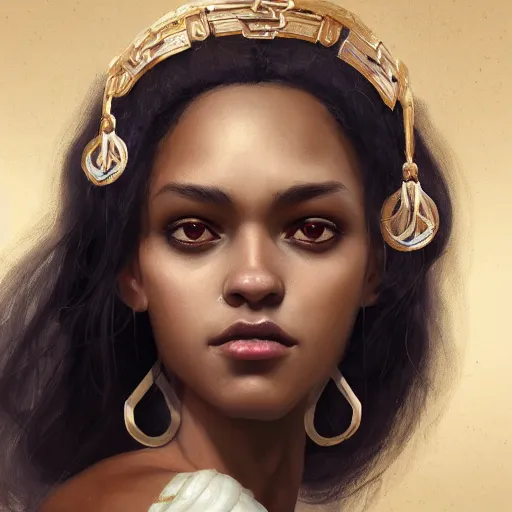 Prompt: character design, portrait of a attractive dark skinned woman with long black curly hair and white eyes, medieval, jewels, painting by wlop, nixeu and greg rutkowski, beautiful, cgsociety, semirealism, artstation, octane render, sharpness, 8 k, golden ratio