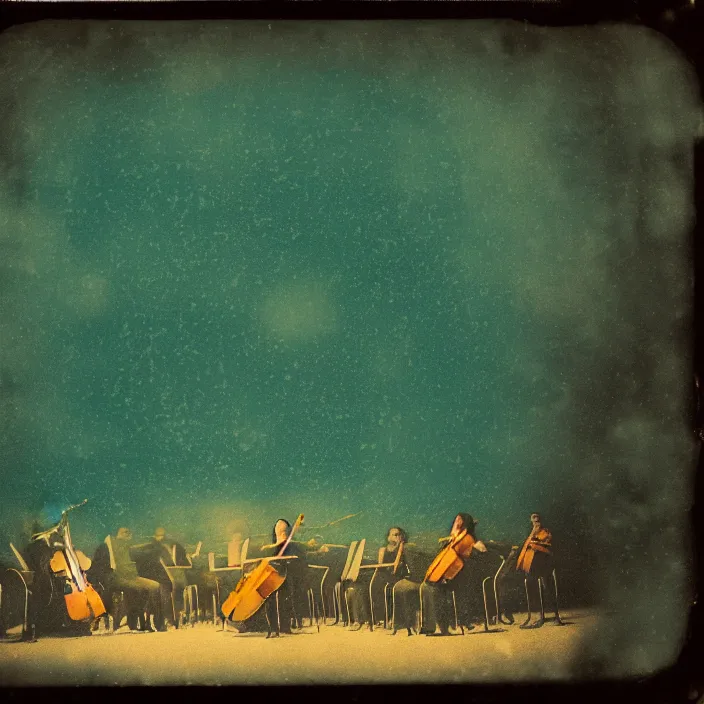 Image similar to orchestra, kodak portra 4 0 0, wetplate, muted colours, teal orange, 1 9 1 0 s style, motion blur, portrait photo of a backdrop, sparkling, stargazer, snow, fog, by georges melies and by britt marling