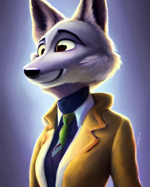 Image similar to beautiful oil painting of anthromorphic female wolf, in style of zootopia, zootopia, zootopia, fursona, furry, furaffinity, 4 k, deviantart, furry art, fursona art, wearing black business suit, business suit, in style of zootopia, wolf fursona, cyberpunk, female, very very expressive detailed feminine face,