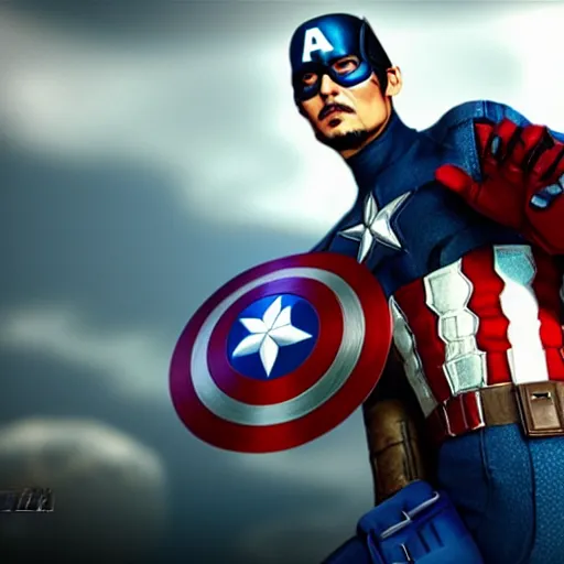 Prompt: Johnny Depp as captain America, live-action, fighting pose, cinematic. Full body. Unreal engine 5, 8K
