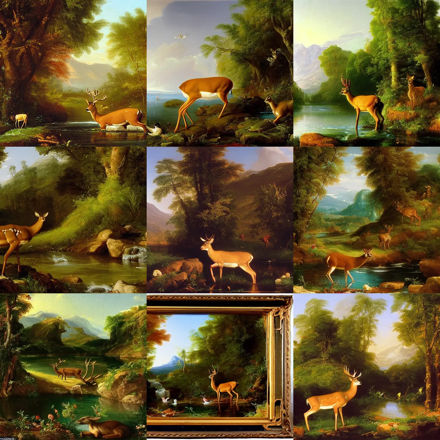 Image similar to a deer comes to drink from the stream. the deer is a metaphor for innocence. it is pure and untouched by the harshness of the world. it is gentle and fragile. an oil painting by thomas cole