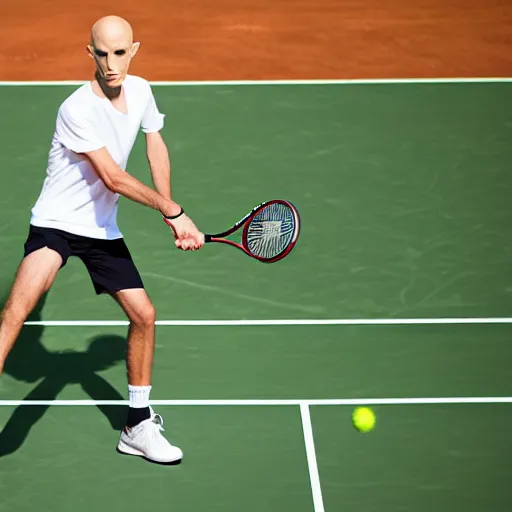 Image similar to portrait of nosferatu playing alone tennis in roland garros, sport photography