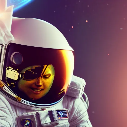 Prompt: astronaut floating in space and he has reflection of earth on his helmet, close view, unreal, cinema 4d render, Ray tracing reflection, simulation,