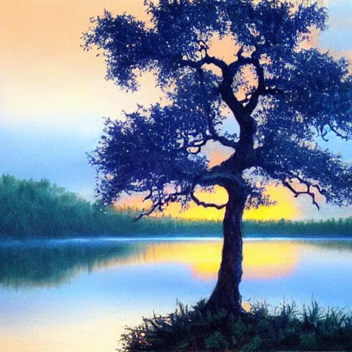 Prompt: beautiful paiting of an oak tree growing in the middle of a lake at dusk, by bob ross