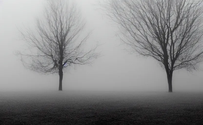 Image similar to cinematic shot of a crow at tree, moody scene from being john malcovich directed by charlie kaufman ( 2 0 0 1 ), foggy volumetric light morning, anamorphic lenses, kodak color film stock