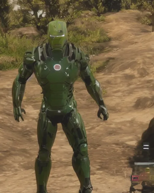 Image similar to green iron man suit in red dead redemption 2, cinematic, photorealistic