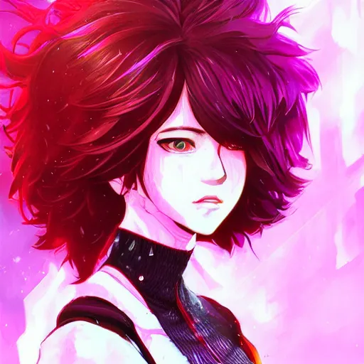 Image similar to mina ashido, heroine, beautiful, malevolent, anger, evil, cybernetic detailed portrait, intricate complexity, in the style of Artgerm, Kazuki Tanahashi, and WLOP, cel-shaded