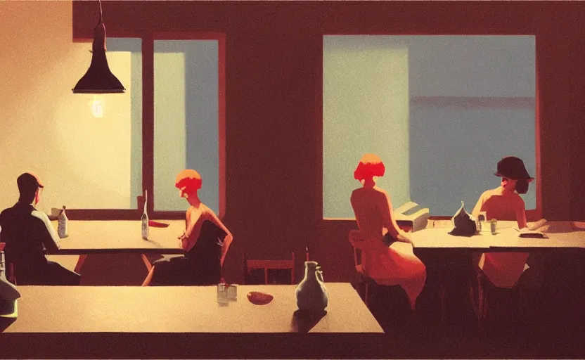 Prompt: a mysterious dimly lit dinner scene illustration by atey ghailan and escher and edward hopper, surreal