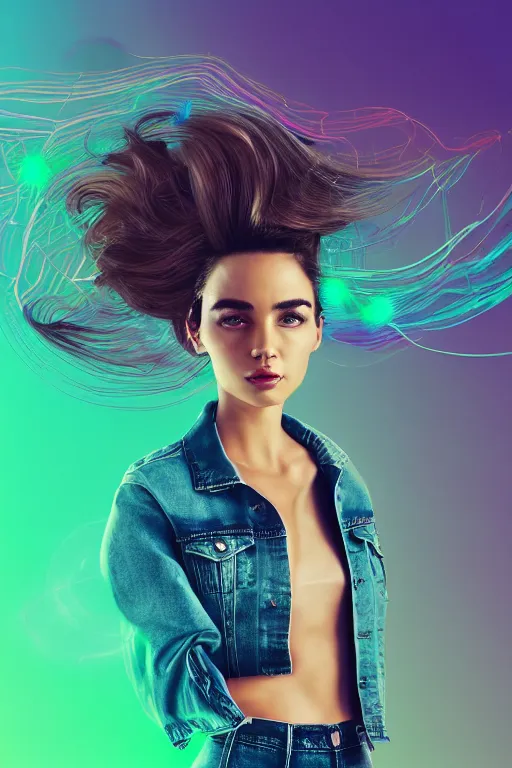 Image similar to a award winning half body portrait of a beautiful woman with stunning eyes in a croptop denim jacket and cargo pants with ombre green teal hairstyle head in motion and hair flying while dancing by thomas danthony, surrounded by whirling illuminated lines, outrun, vaporware, shaded flat illustration, digital art, trending on artstation, highly detailed, fine detail, intricate