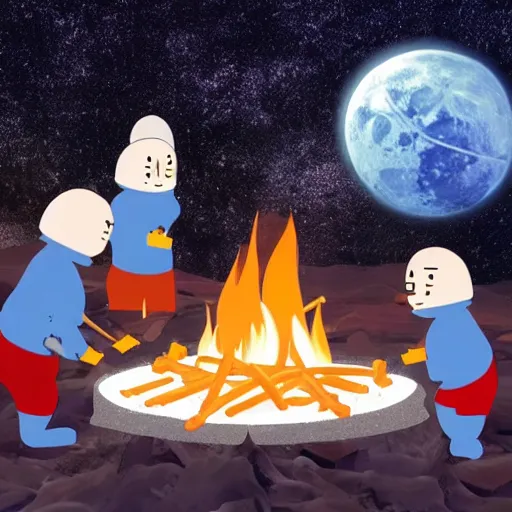 Image similar to photo of a family of fries making a campfire on the moon