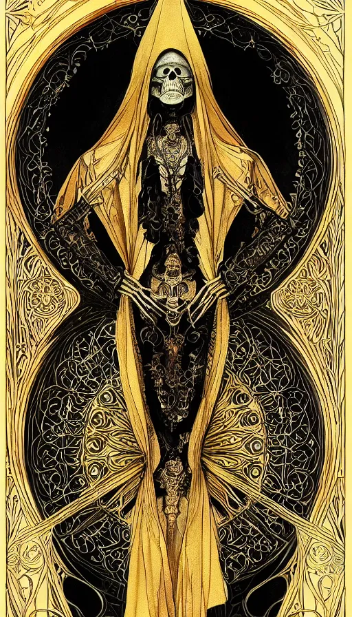 Image similar to a skeleton in a black cloak, highly detailed, very intricate, art nouveau, gold filigree, left right symmetry, tarot concept art watercolor illustration by mandy jurgens and alphonse mucha and alena aenami, featured on artstation