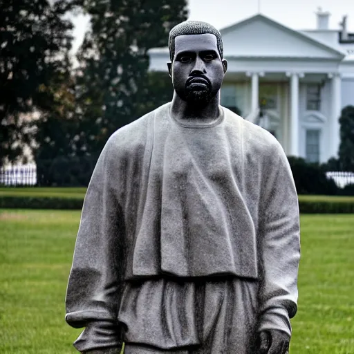 Image similar to a granite statue of kanye west, infront of the white house, photograph