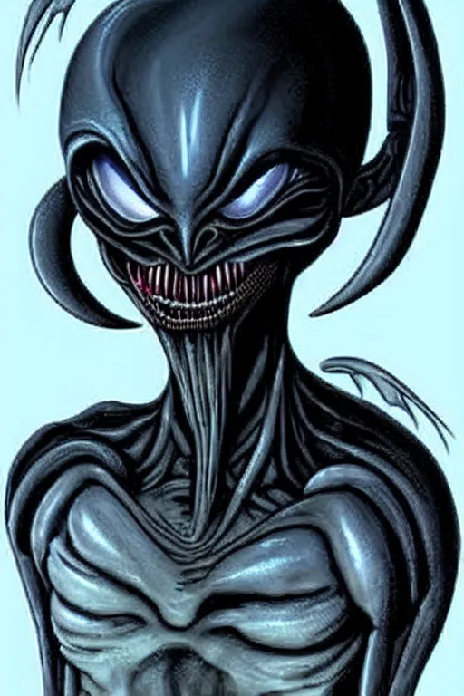 Prompt: beautiful genderless cosmic - eyed alien that is a little ominous creepy due to a few features resembling a xenomorph by hr giger.