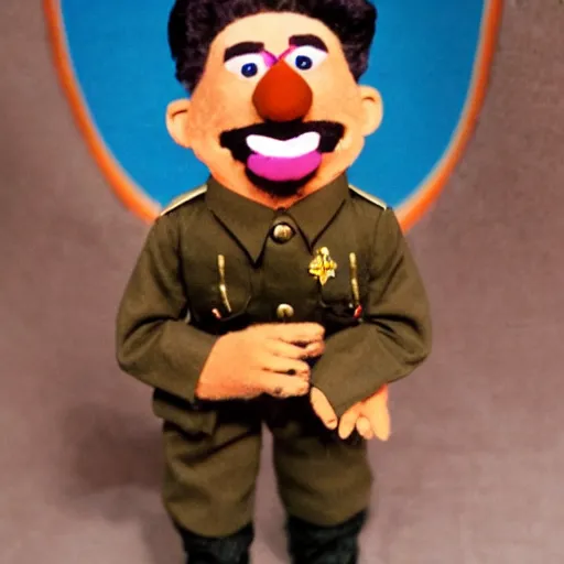 Image similar to photo of stalin as a muppet, detailed, close up, stage lighting