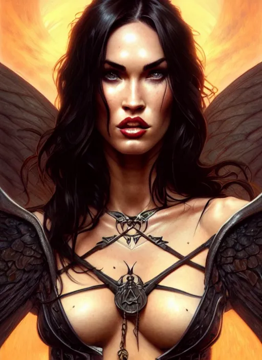 Prompt: portrait of megan fox as demon, batwings, hell, intricate, headshot, highly detailed, digital painting, artstation, concept art, sharp focus, cinematic lighting, illustration, art by artgerm and greg rutkowski, alphonse mucha, cgsociety