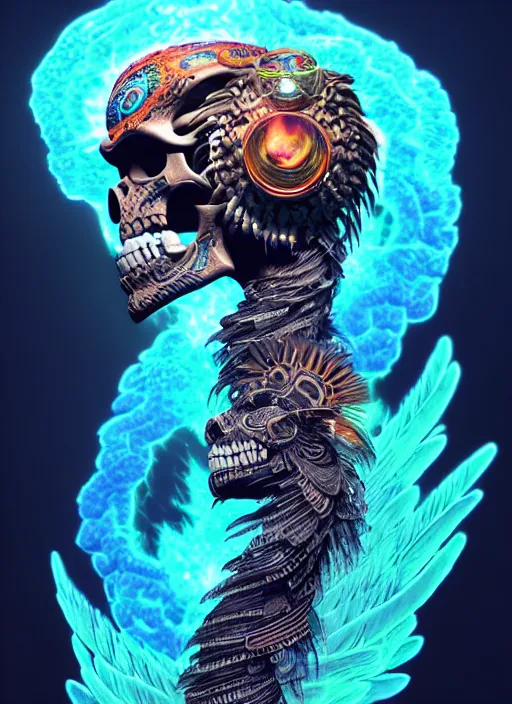 Image similar to 3 d shaman with tattoos profile portrait, sigma 5 0 0 mm f / 5. beautiful intricate highly detailed quetzalcoatl skull and feathers. bioluminescent, plasma, lava, ice, water, wind, creature, thunderstorm! artwork by tooth wu and wlop and beeple and greg rutkowski, 8 k trending on artstation,