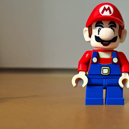 Image similar to a photo of realistic plumber mario as a lego mini figure