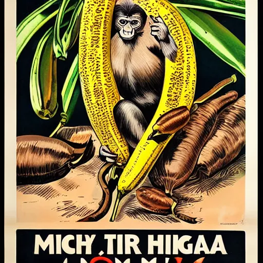 Image similar to propaganda poster of a monkey in front of a large pile of bananas, illustration, highly detailed