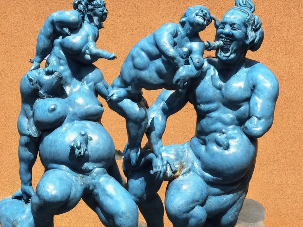 Image similar to beautiful muscular blue genie covered in oil laughing and turning himself into pregnant pig, statue, highly detailed