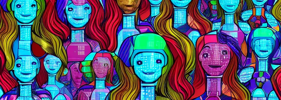 Image similar to pattern of anthropomorphic social bot network accompanying female with rainbow pony tails, cyber haircut, v decollete, leonard da vinci style