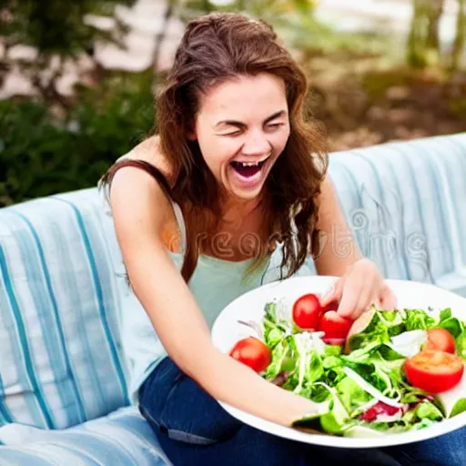 Image similar to Woman laughing and eating a salad, stock photo