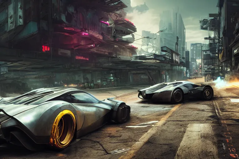 Image similar to photo wallpaper post - apocalyptic cyberpunk battle car gran turismo 7 forza horizon need for speed fast and furious 5 unreal engine cyberpunk supercar hypercar game concept car octane render, 4 khd 2 0 2 2 3 d cgi rtx style chrome reflexion global illumination ray tracing hdr arstation pixar and disney unreal