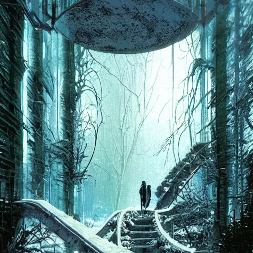 Image similar to stairs leading to a frozen derelict portal in a middle of a snowy lush futuristic forest, green lush world seen only through a portal, daylight, cinematic lighting, blue sky, syd mead, john harris