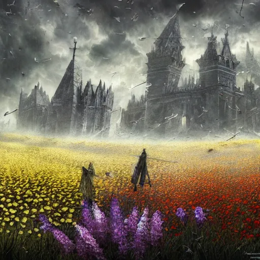 Prompt: puzzle pieces fall from the sky at a field of flowers. darksouls concept art 8k.