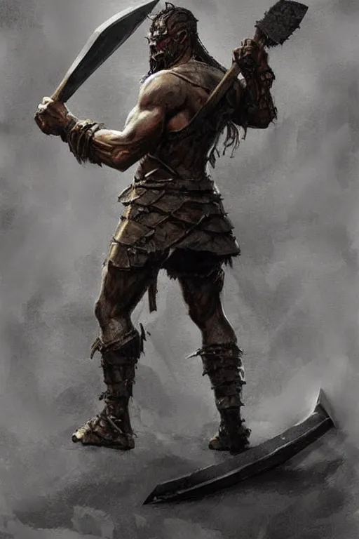 Prompt: a giant warrior in hide leather armor holding an axe, leaning against an ax, hatchet!!! concept art in style of Greg Rutkowski, painted by Frank Frazetta, John Singer Sargant