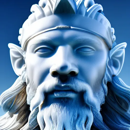 Image similar to photography of a hyper realistic crystal clear ice statue of un unknow viking warrior god. stuning, intricate, complexe. snowy mountains dream landscape. professional digital art, unreal engine 5