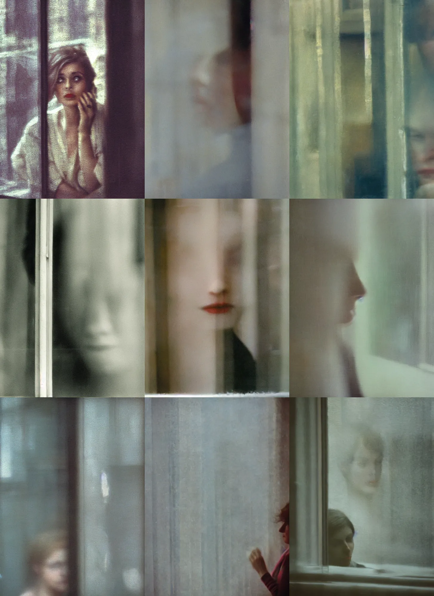 Prompt: out of focus photorealistic woman at the windows by saul leiter, very blurry, translucent white skin, closed eyes, foggy