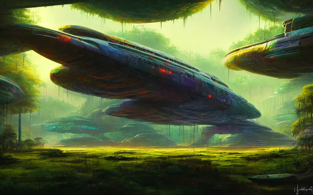 Prompt: a beautiful highly detailed matte painting of an abandoned spaceship in a groovy jungle with cyberpunk colors by Jose Daniel Cabrera Pena and Leonid Kozienko, Noah Bradley concept art